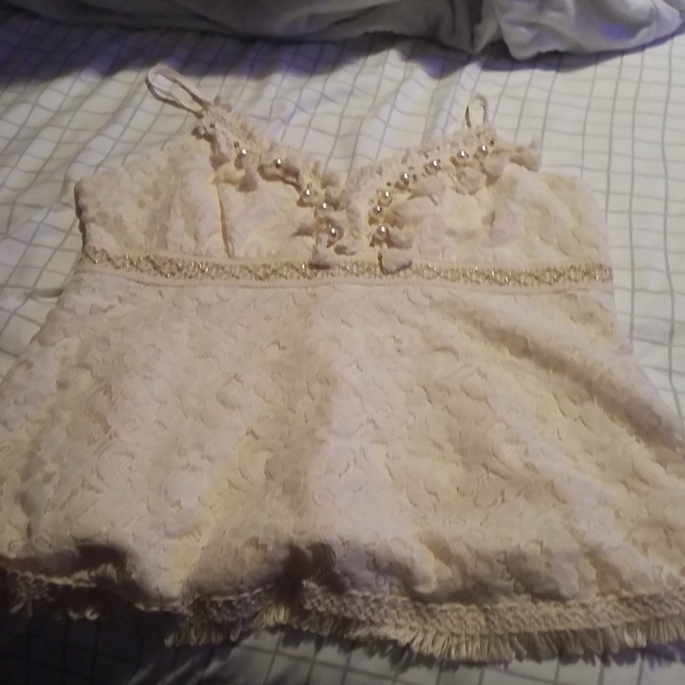 Pearl and lace spaghetti string top